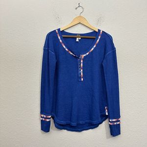 FREE PEOPLE WE THE FREE Royal Blue Rainbow Embroidered Henley Thermal Top